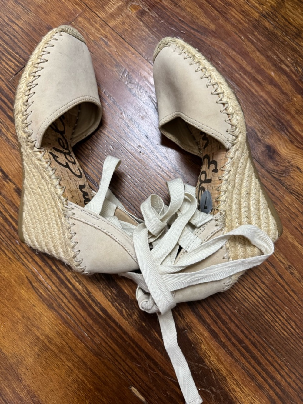 Sam Edelman Leather Beige Espadrille Wedge Sandals with Ankle Ties - Picture 2 of 6